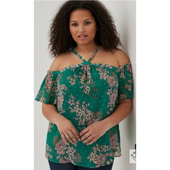 Torrid Cold Shoulder Halter Top Crinkle Chiffon Floral Green Size 4XL NWT - Picture 1 of 10